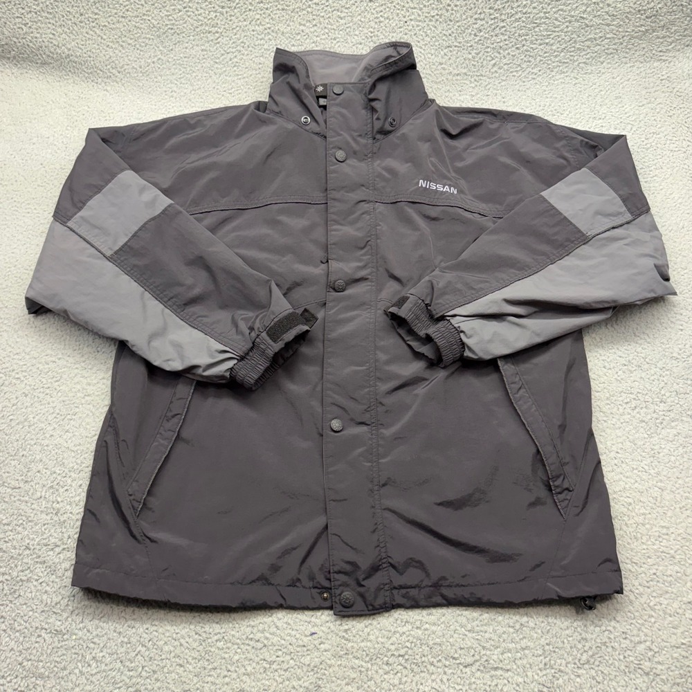 North End Mens Large Grey Nissan Windbreaker Jacket Colorblock Utility Hood Coat